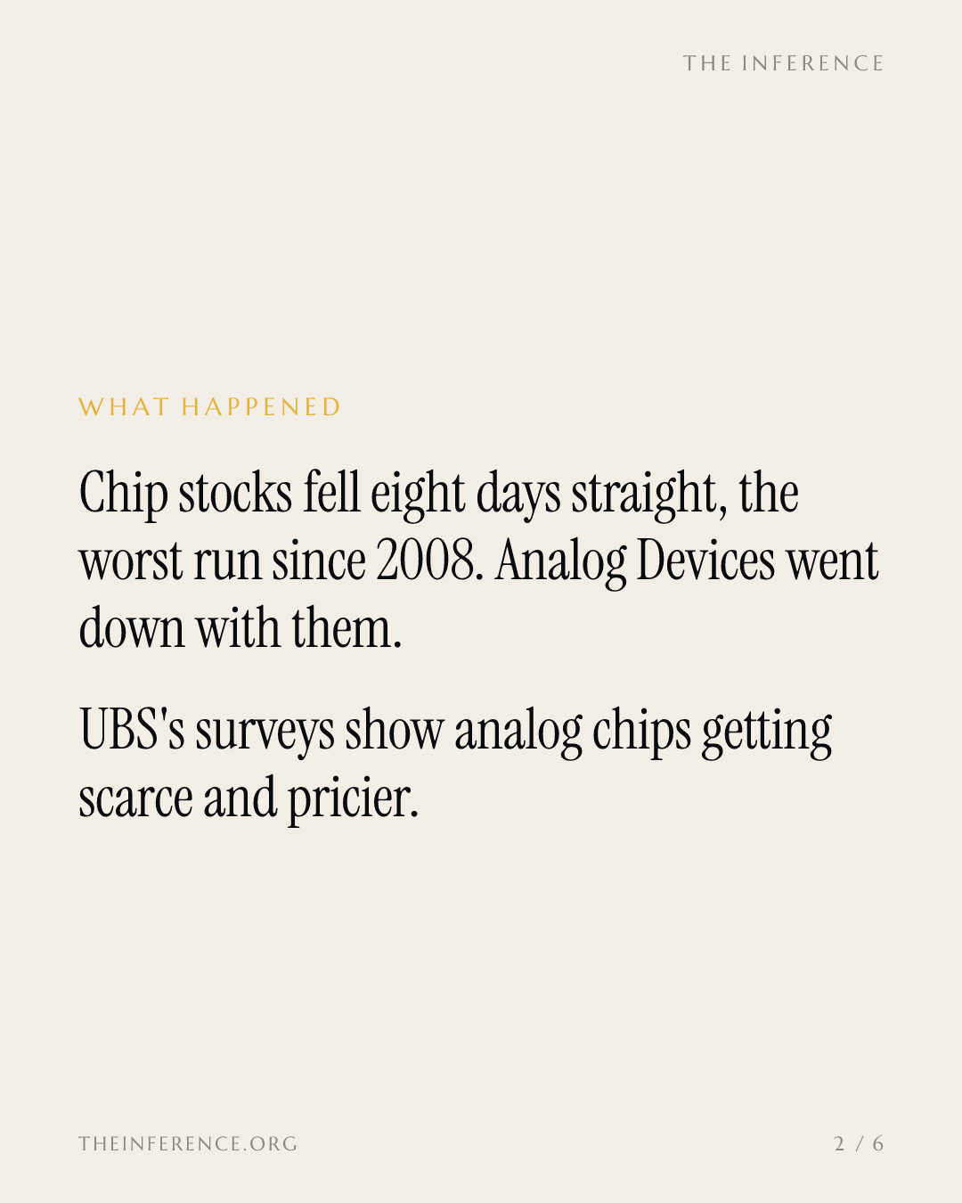 The market sold Analog Devices as an AI stock; UBS finds analog inventory down 15% and prices up 12% — slide 1