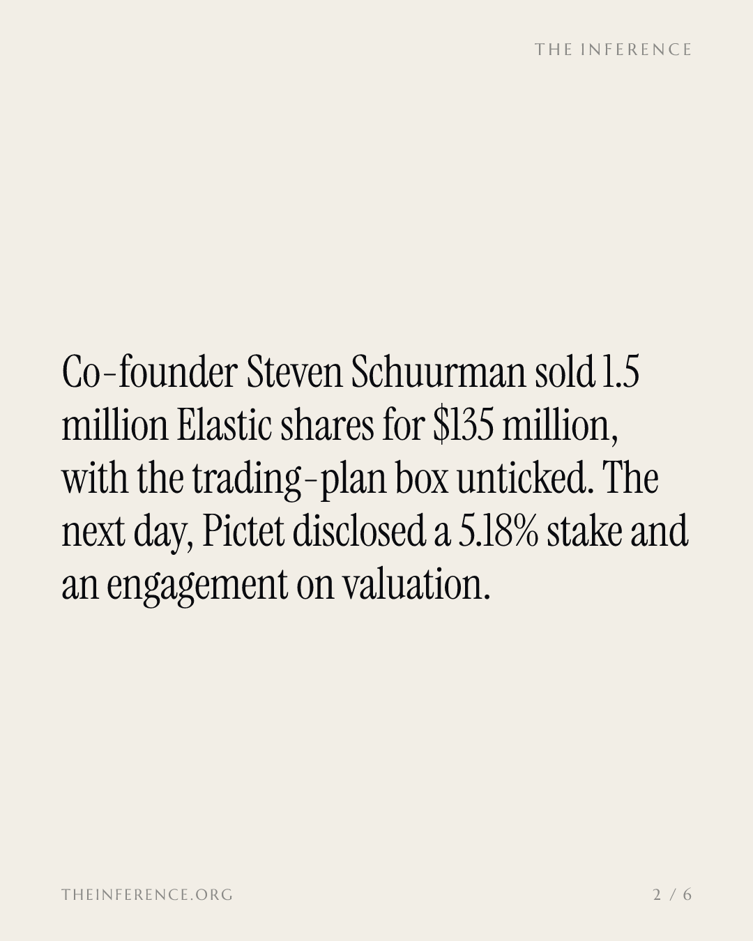 Elastic co-founder sold $135 million of stock with no trading plan the day Pictet crossed 5% — slide 1