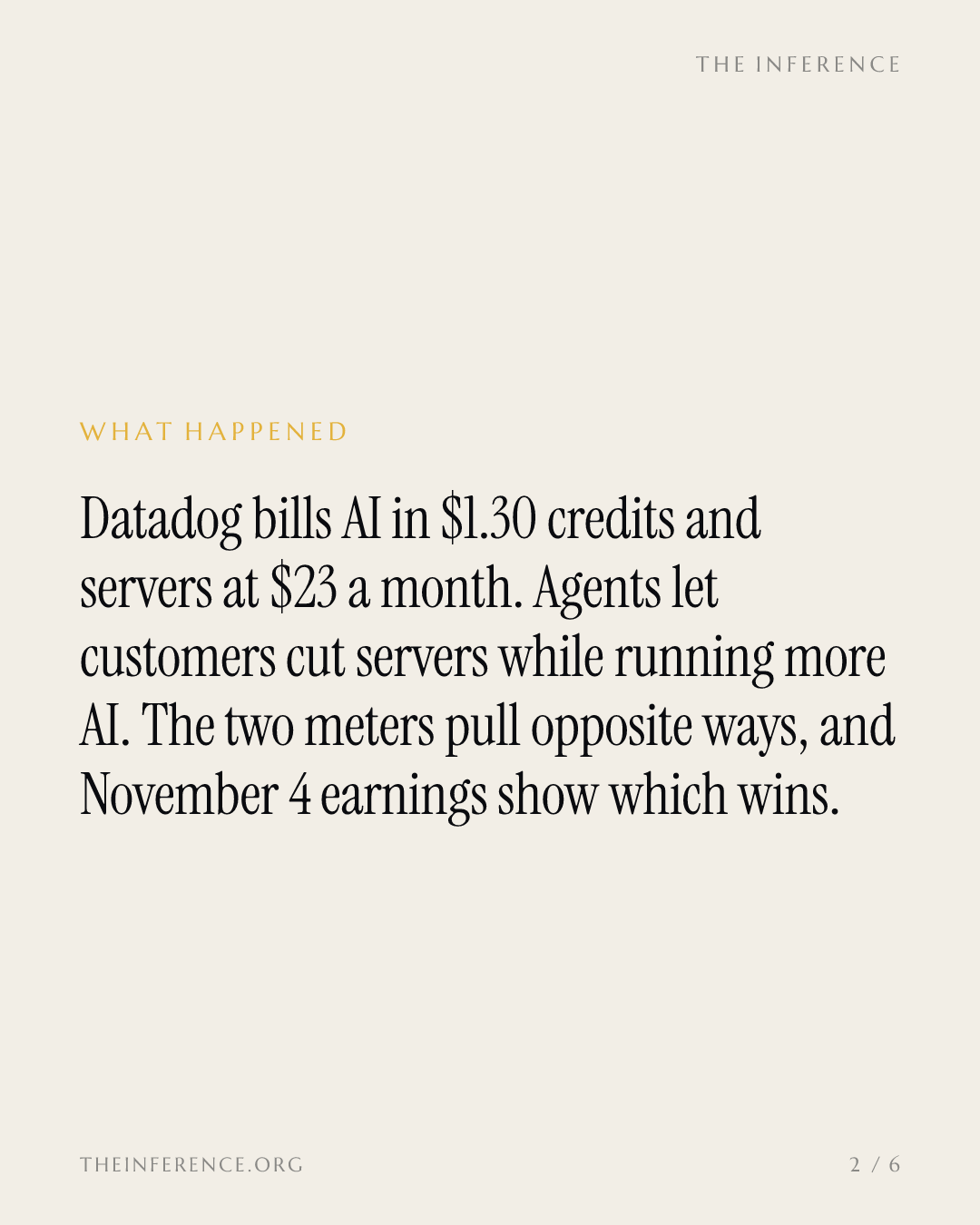 Datadog bills $1.30 per AI credit against $23 per host, and November 4 earnings decide which wins — slide 1