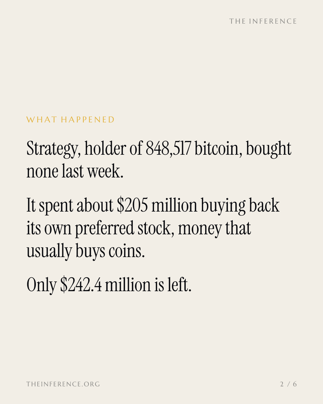 Strategy bought no bitcoin last week, spent $205 million on its preferred, leaving $242.4 million for coins — slide 1