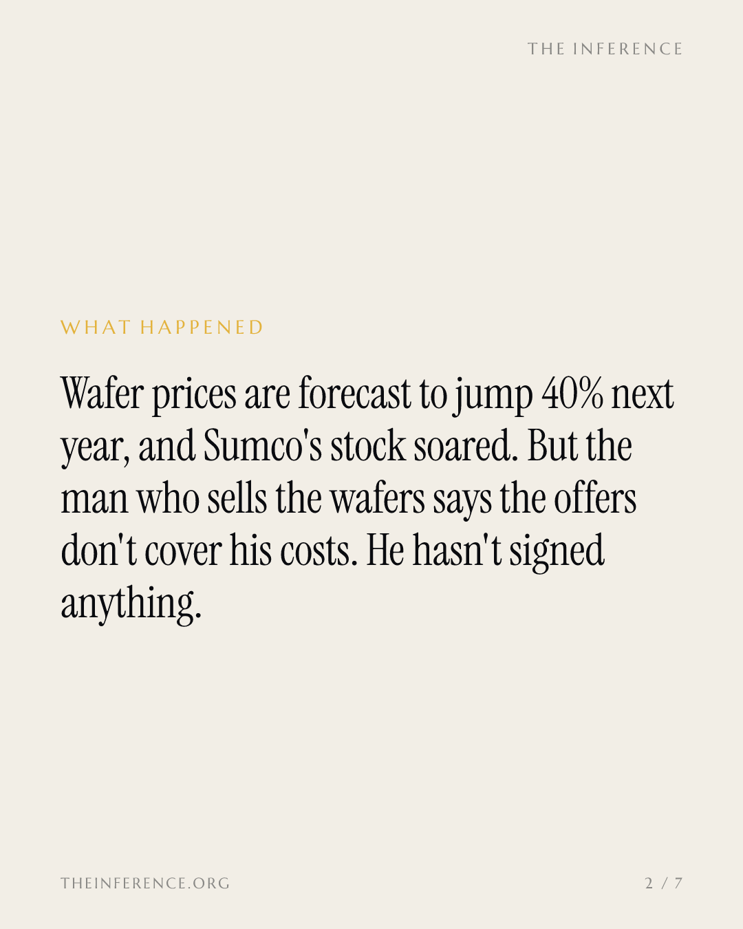 Wafer prices are set to jump 40% in 2027, and Sumco's president isn't selling — slide 1