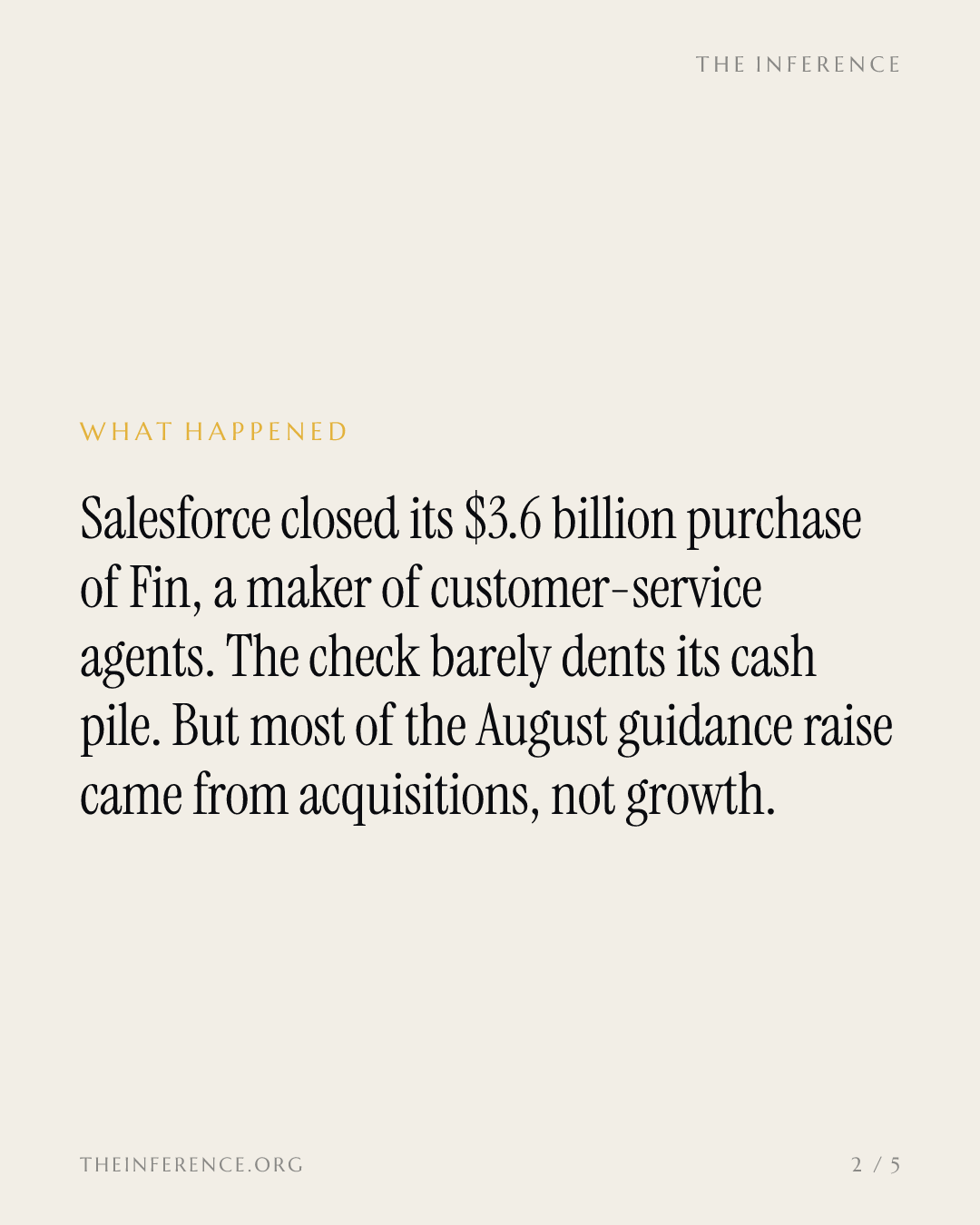Salesforce paid $3.6 billion for Fin, and $200 million of its August guidance raise came from acquisitions — slide 1
