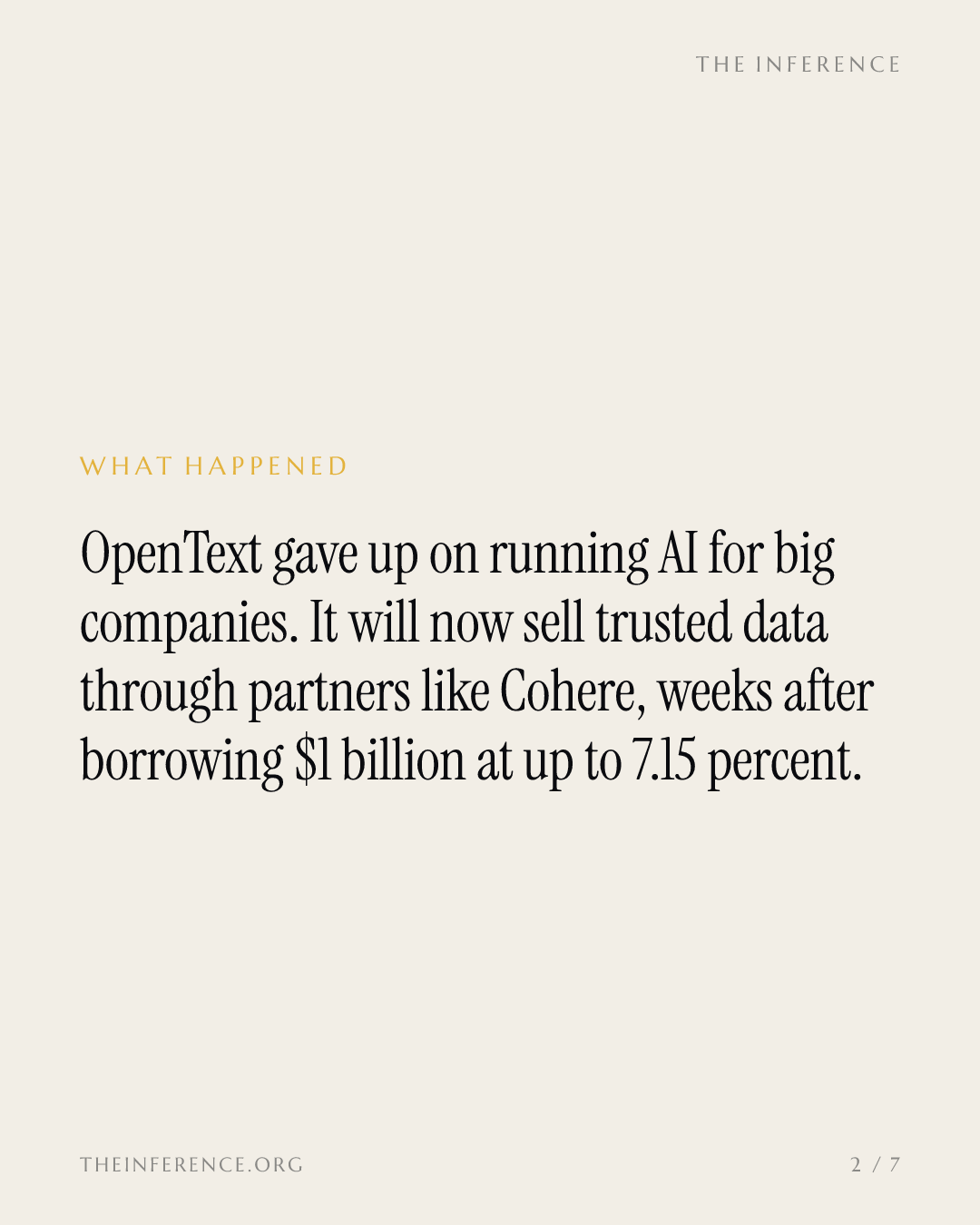 OpenText concedes the AI orchestration layer, its $1 billion of new debt costing 6.70% to 7.15% — slide 1