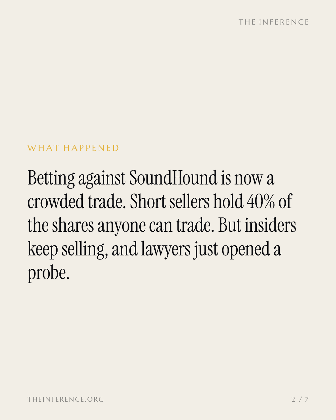 Shorts own 40% of SoundHound's float, and the only insider trades are sales — slide 1