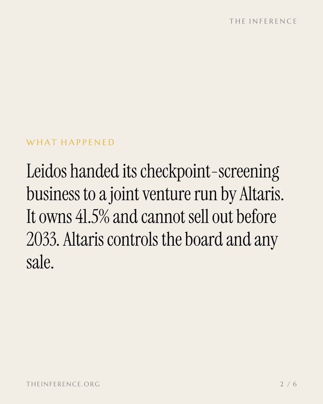 Leidos put its $625 million screening business into an Altaris JV it cannot leave on its own before 2033 — slide 1
