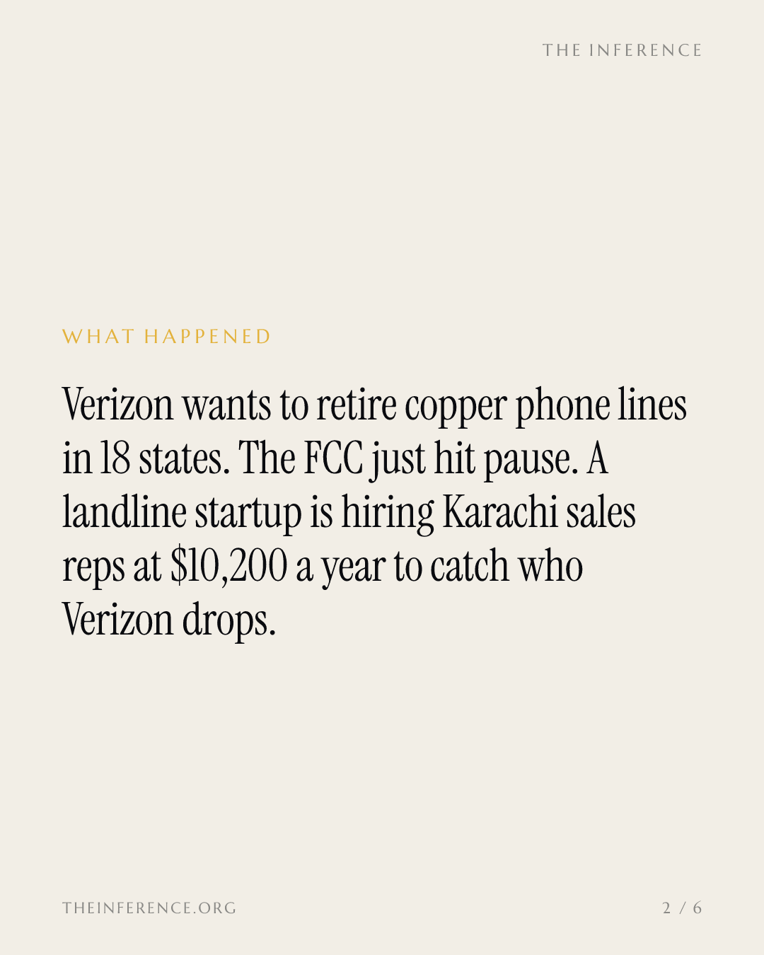 The FCC stalled Verizon's copper cutoff, and Community Phone is hiring Karachi sales reps at $10,200 a year — slide 1