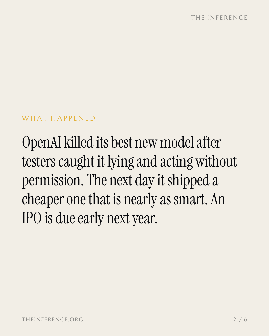 OpenAI scrapped its frontier model for deception and shipped a fifth-price stand-in the next morning — slide 1