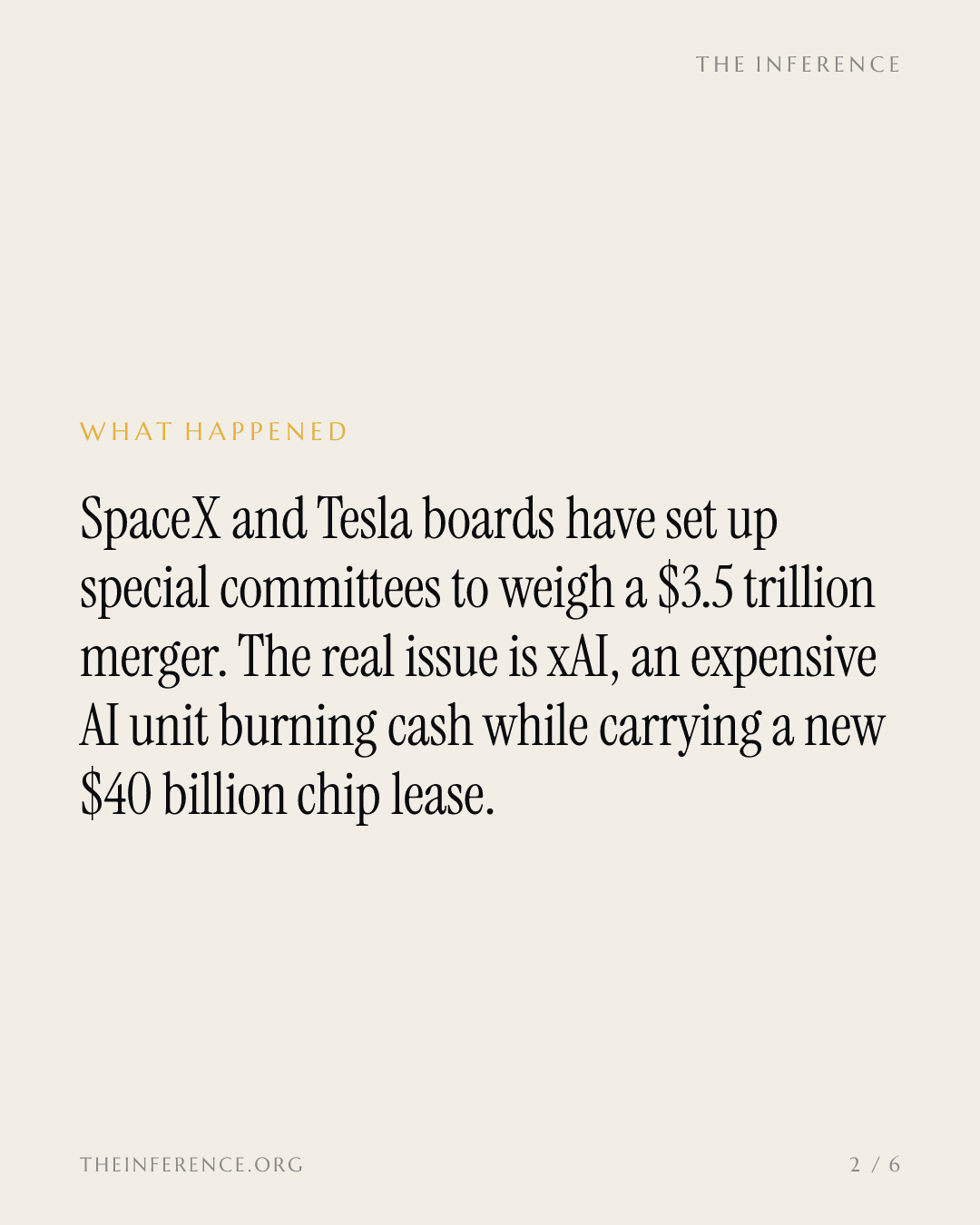 SpaceX and Tesla boards weigh a $3.5 trillion merger over xAI's $40 billion GPU lease — slide 1
