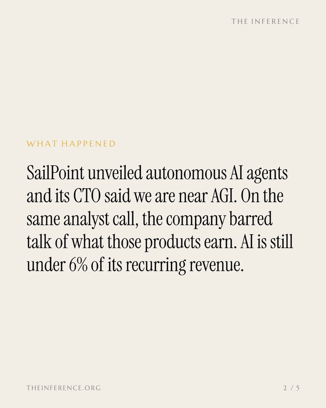 SailPoint's CTO said it is near AGI as the company barred revenue talk; AI is under 6% of ARR — slide 1