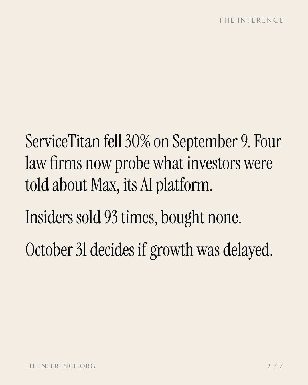 Four law firms probe ServiceTitan's Max pivot as insiders logged 93 sales and zero buys; Q3 ends October 31 — slide 1