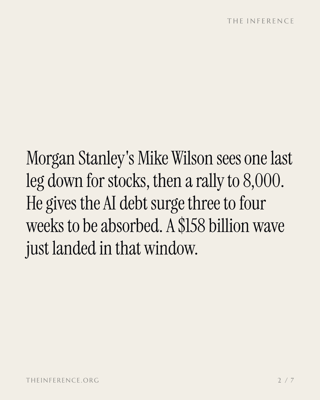 Morgan Stanley dates the AI sell-off's last leg as $158 billion of financing lands — slide 1