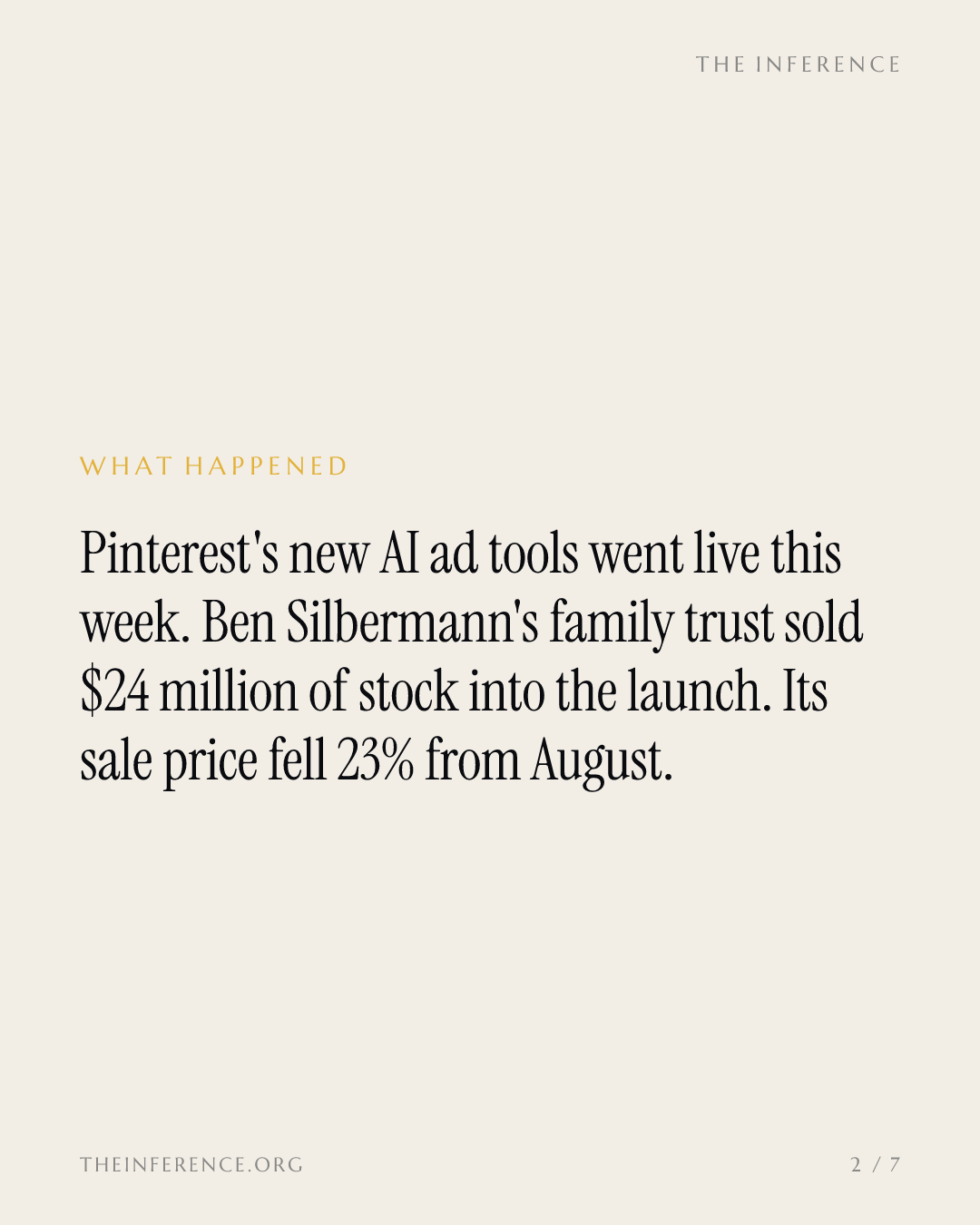 Pinterest shipped its AI ad pivot while the founder's trust sold $24 million at falling prices — slide 1