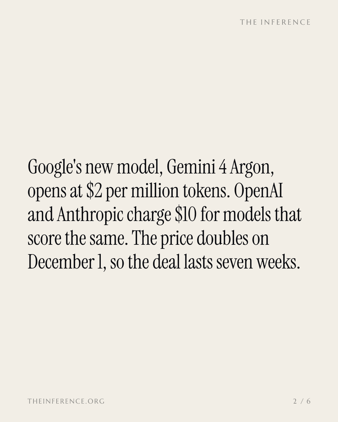 Google prices Gemini 4 Argon at $2 per million tokens, a fifth of OpenAI and Anthropic's $10 flagships — slide 1