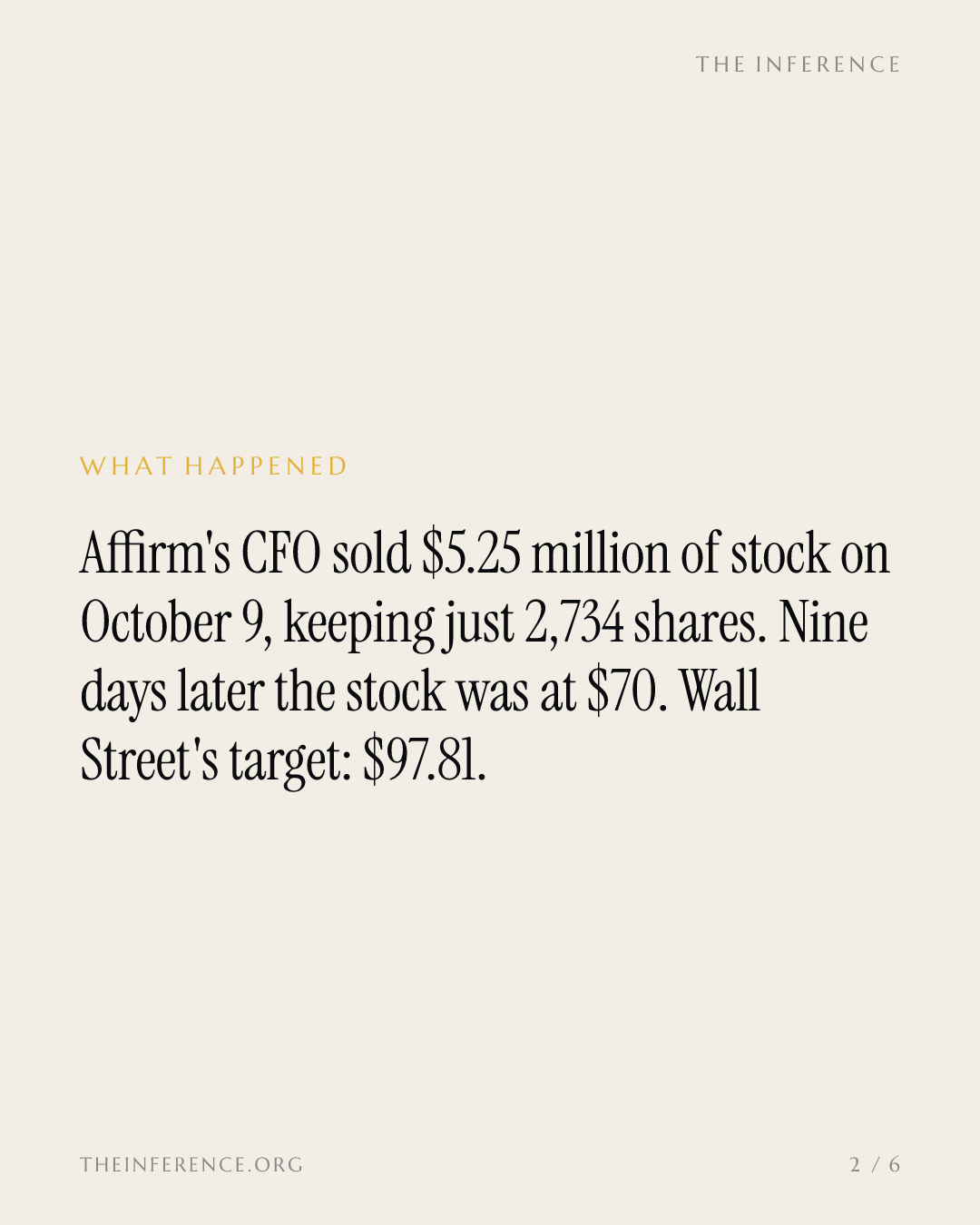 Affirm's CFO sold 96% of his stock at $80. The Street says buy at $70 — slide 1