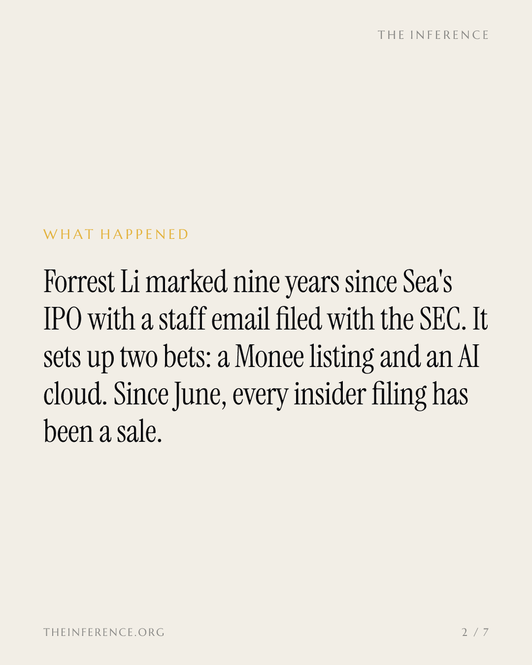 Sea Limited signals a Monee IPO and an AI cloud; founder Forrest Li sold $137 million and bought nothing — slide 1