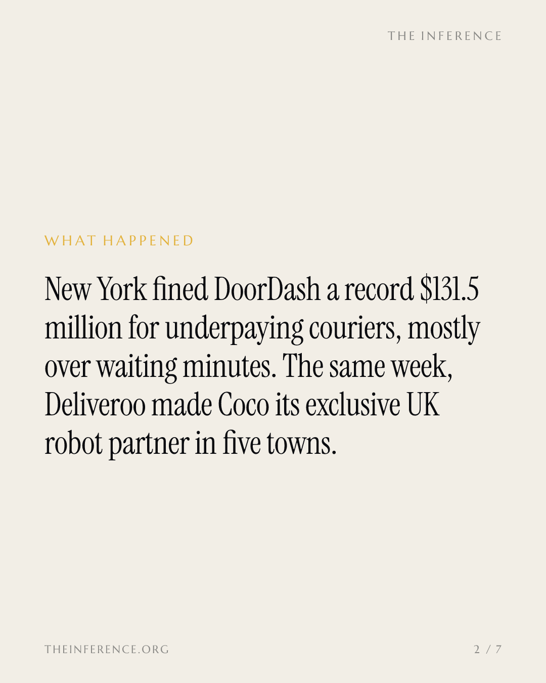 New York billed DoorDash $131.5 million for underpaid couriers; London handed the pavement to robots — slide 1