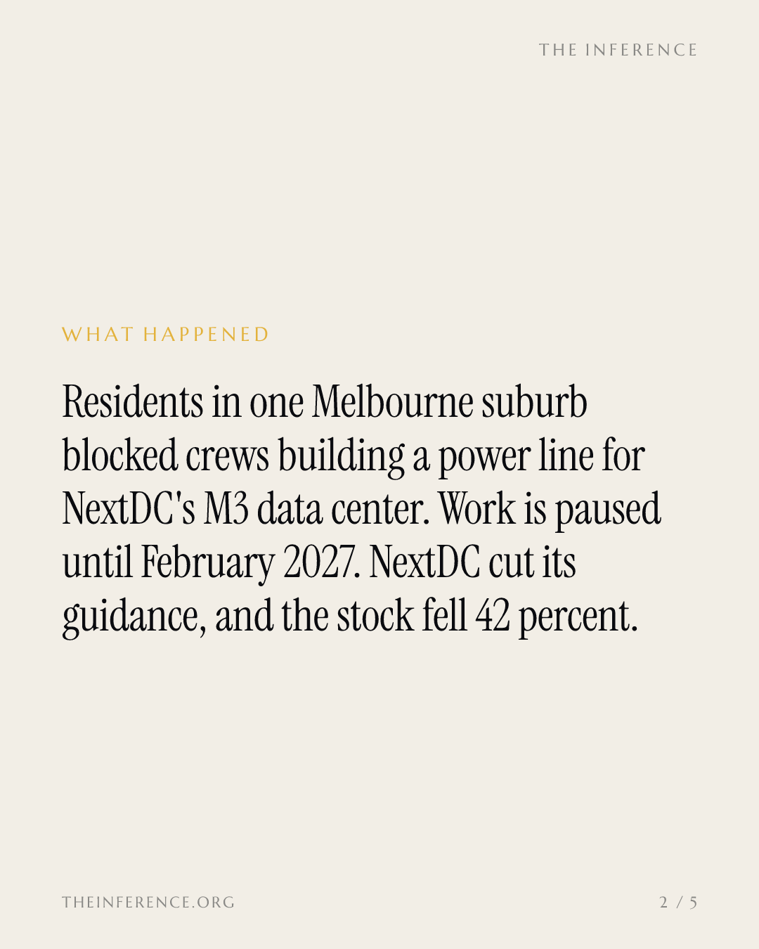 NextDC fell 42% after a Melbourne suburb's parked cars delayed the power line for its M3 data center — slide 1