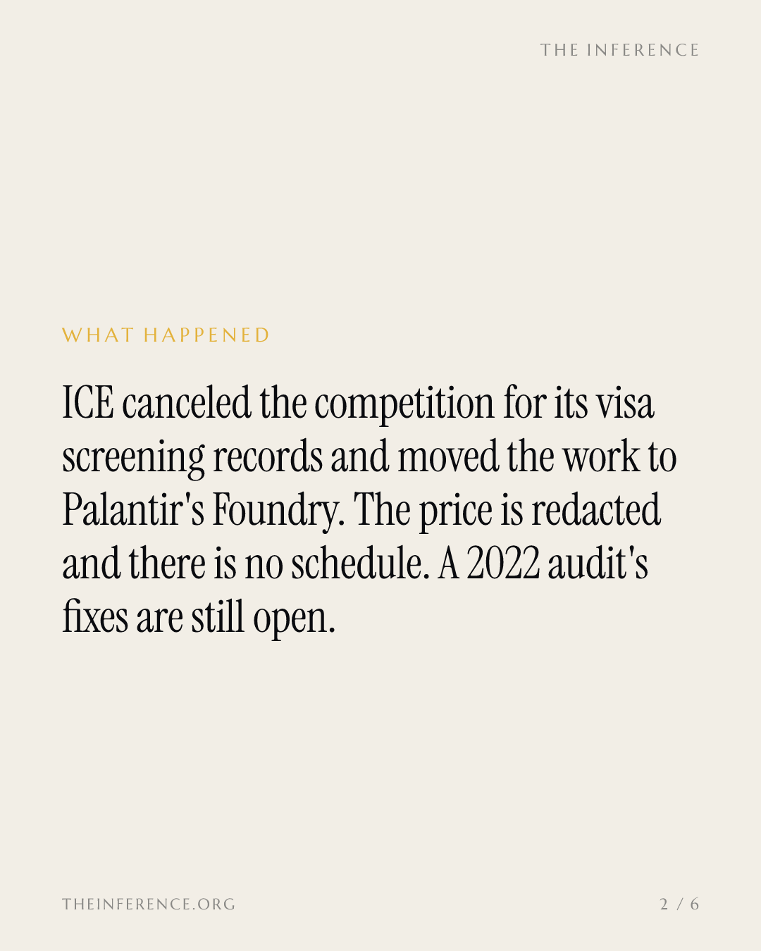 No bid, no price, no schedule: ICE moves visa vetting onto Palantir Foundry — slide 1
