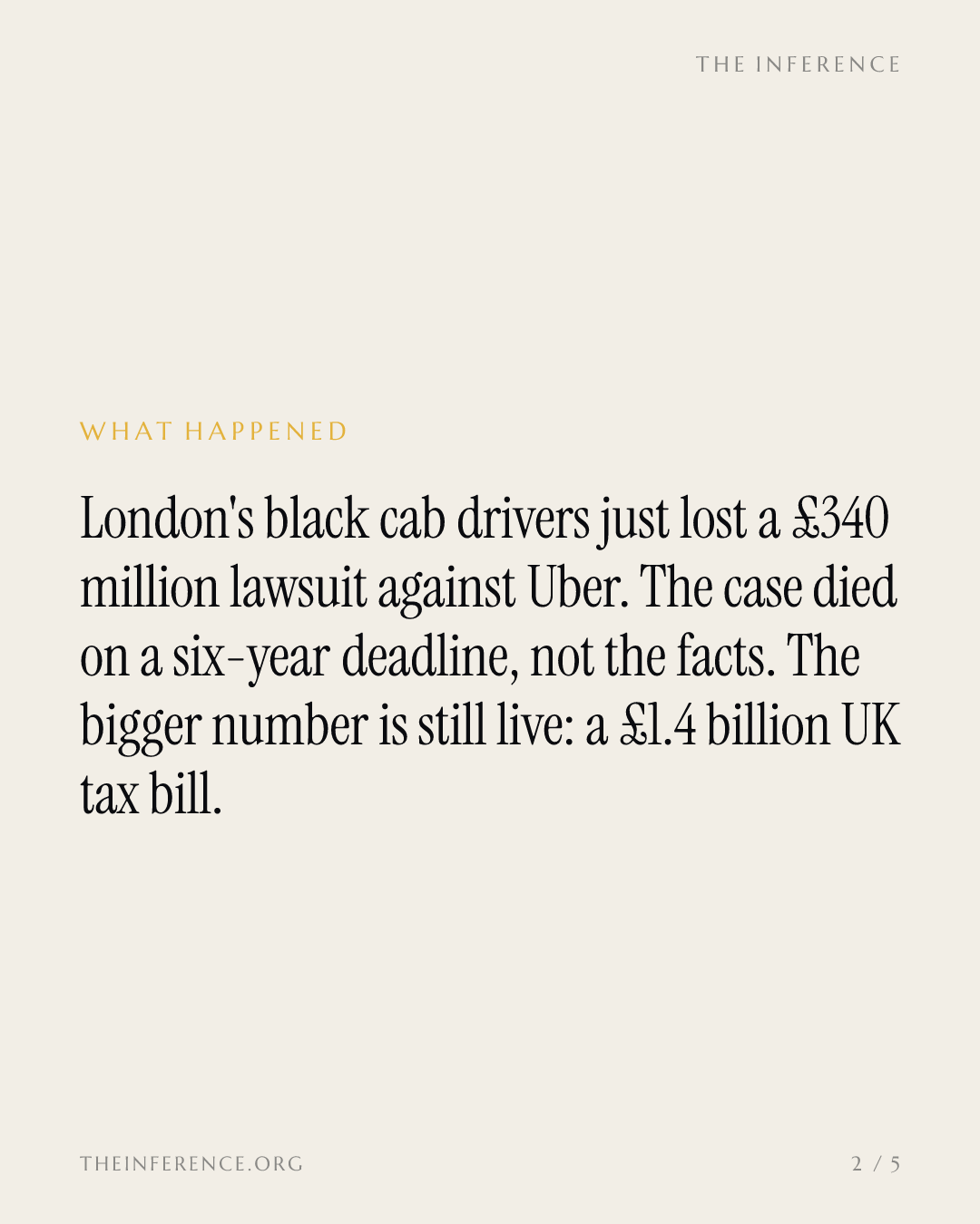 Uber dodges a £340 million cabbie suit on a six-year clock; its £1.4 billion VAT claim is tested November 4 — slide 1