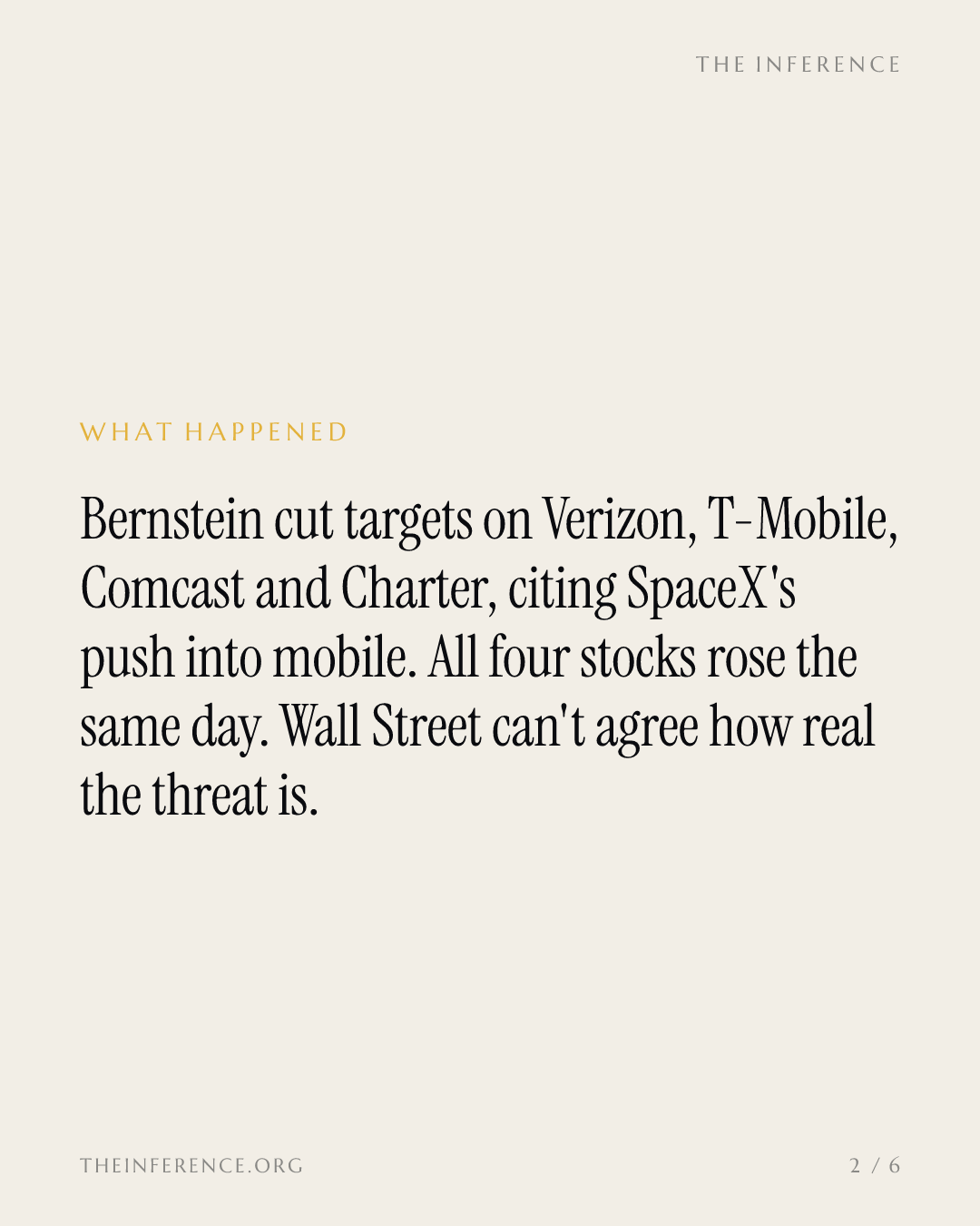 Bernstein trimmed Verizon, Comcast, T-Mobile and Charter targets on SpaceX's carrier entry; stocks rose — slide 1