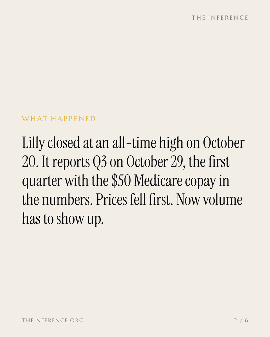 Eli Lilly hits a record high one week before the quarter that tests Ricks's volume bet — slide 1