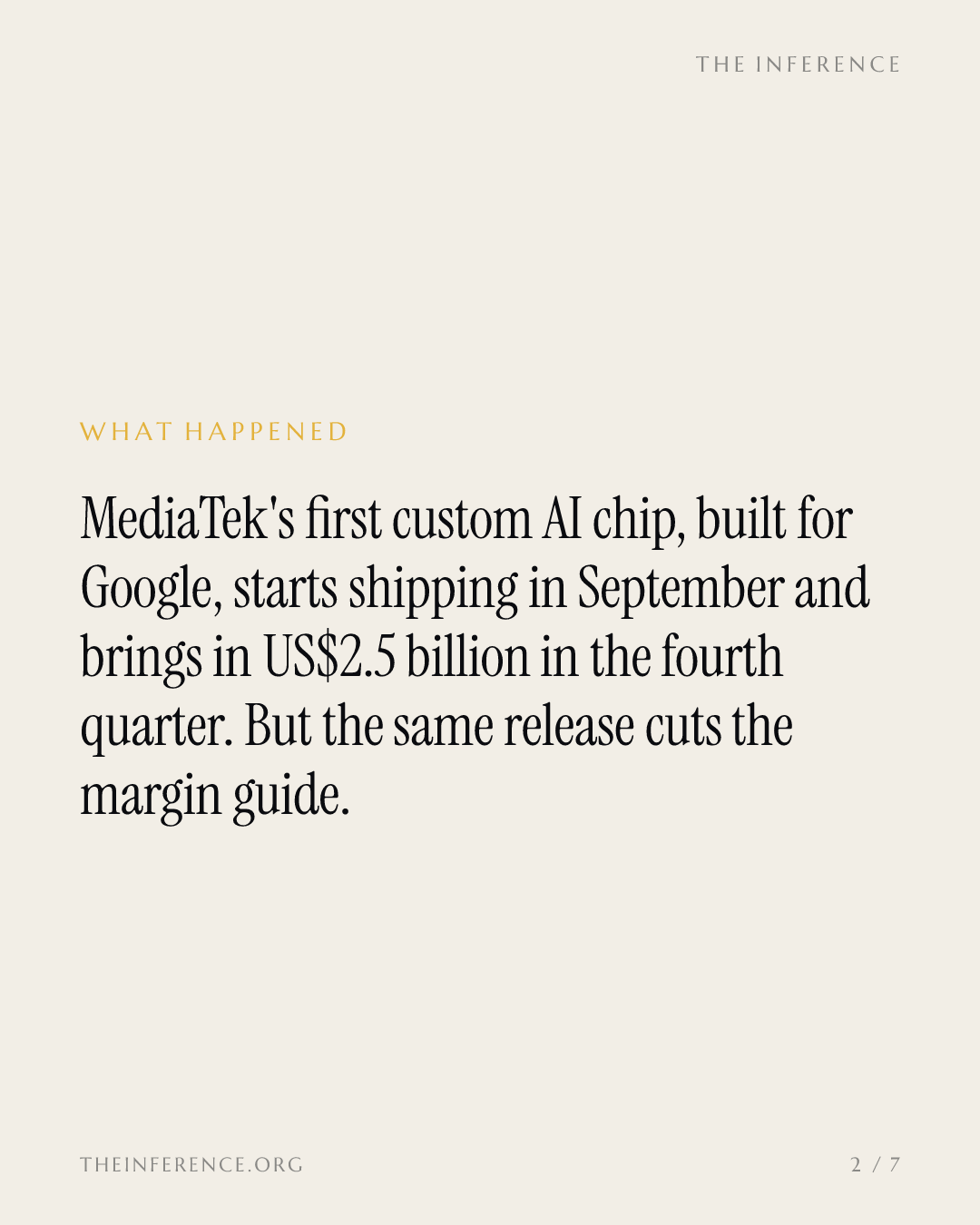 MediaTek's first AI chip adds $2.5 billion of Q4 revenue at a lower margin, funded by Nvidia and Alphabet — slide 1