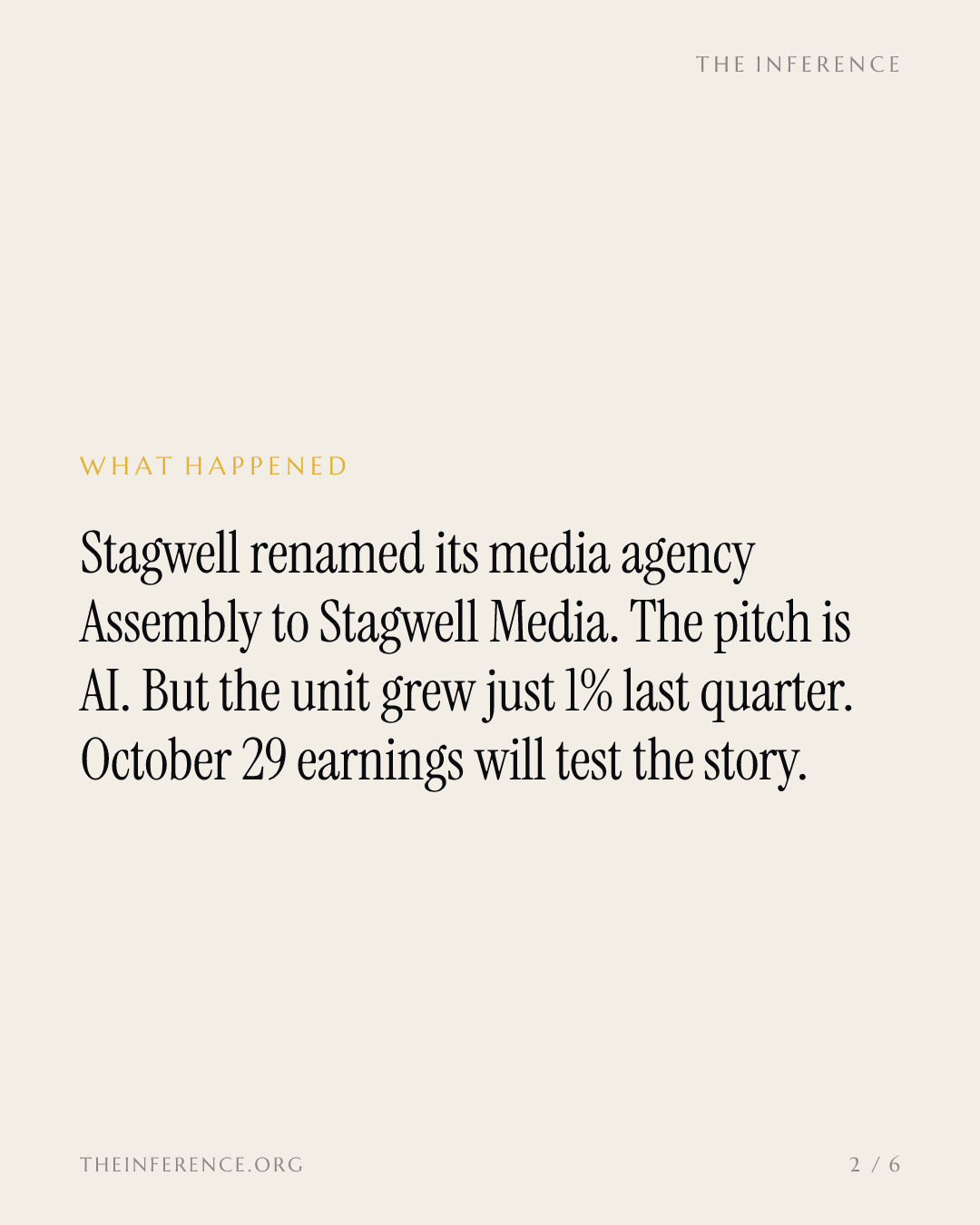 Stagwell turns Assembly into Stagwell Media as the unit grows 1% organically; October 29 tests the AI pitch — slide 1
