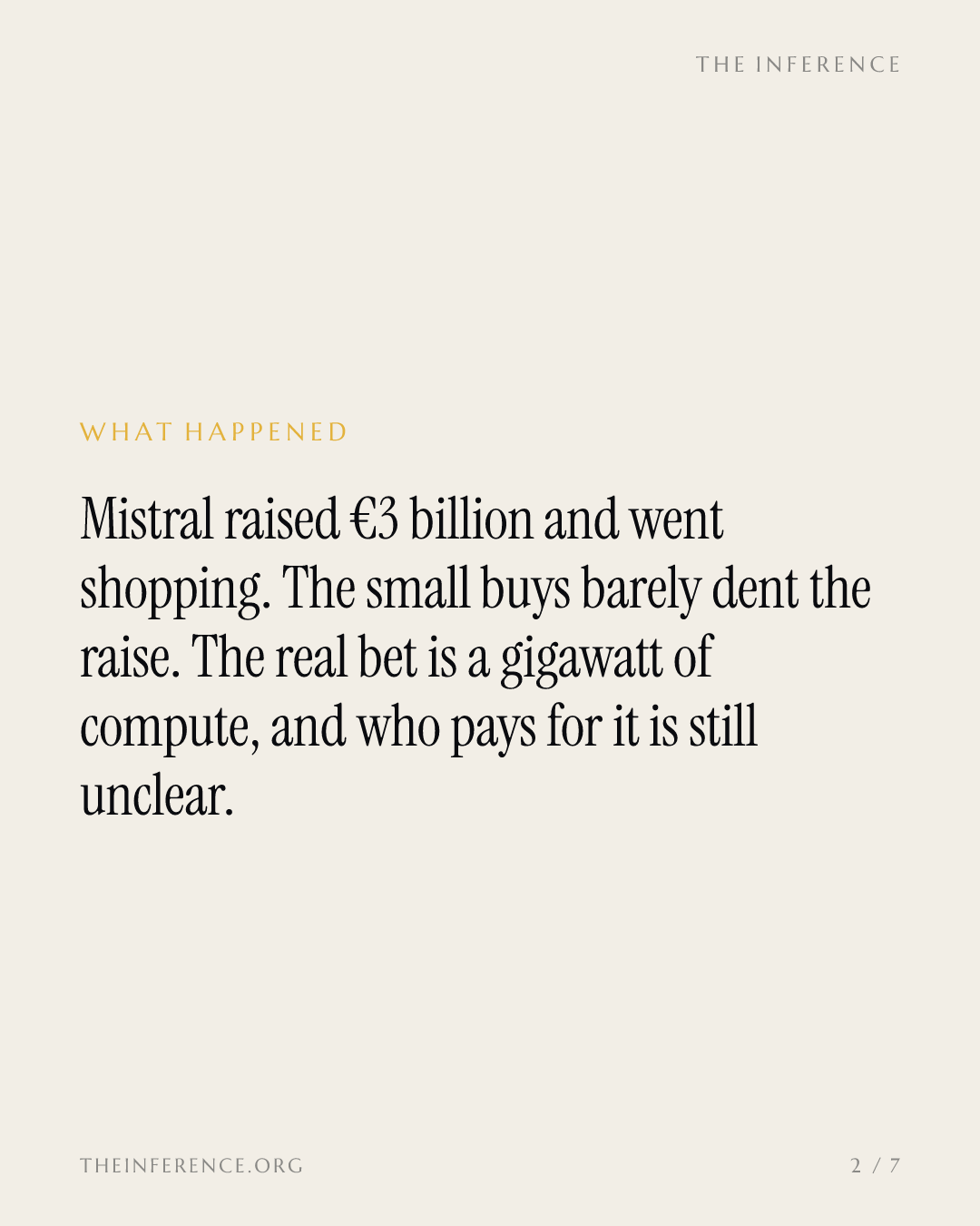 Mistral's €3 Billion Week: Small Cheques for Software, a Blank One for Compute — slide 1