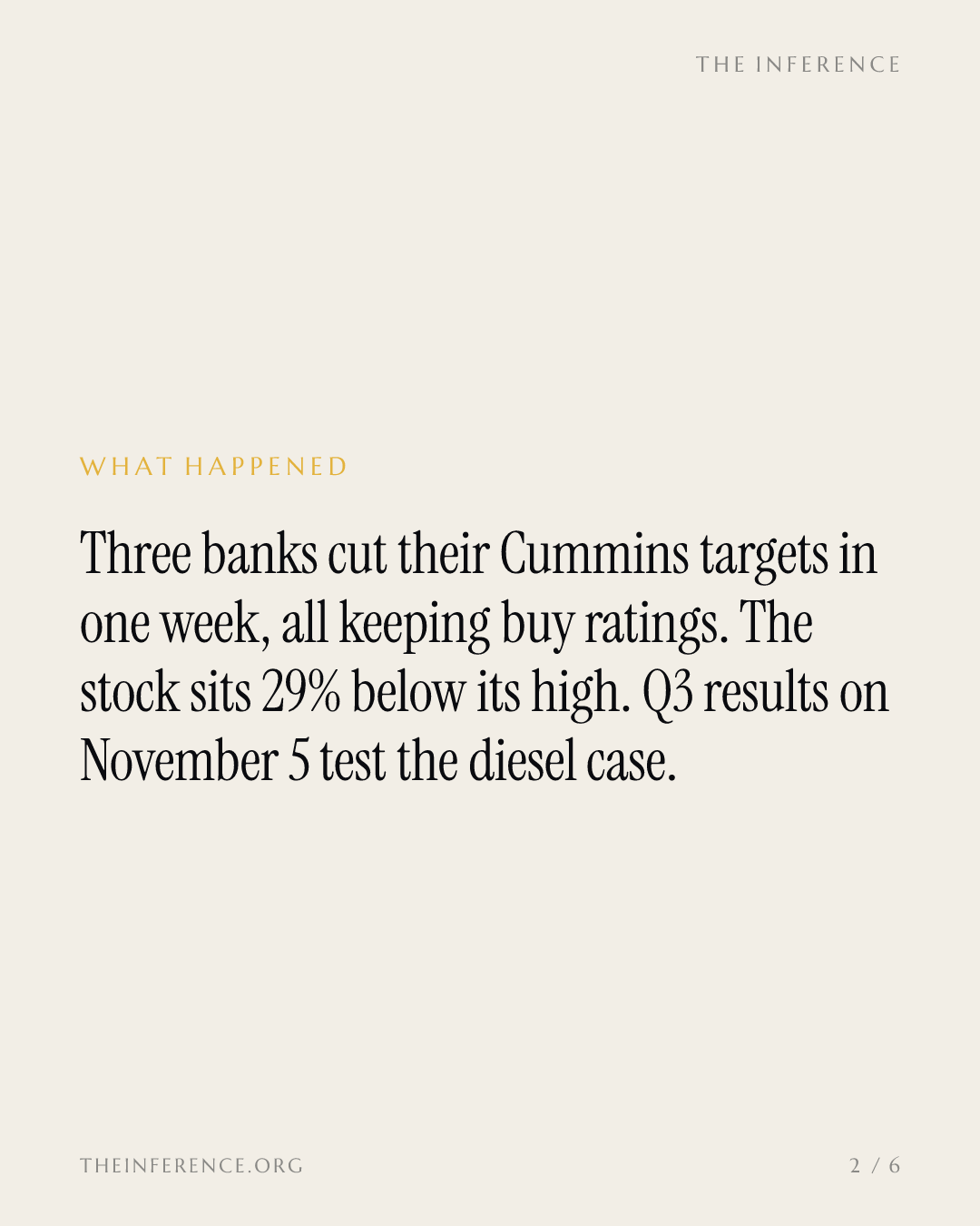 Cummins falls 29% from its high as three banks cut targets; November 5 earnings test the diesel case — slide 1