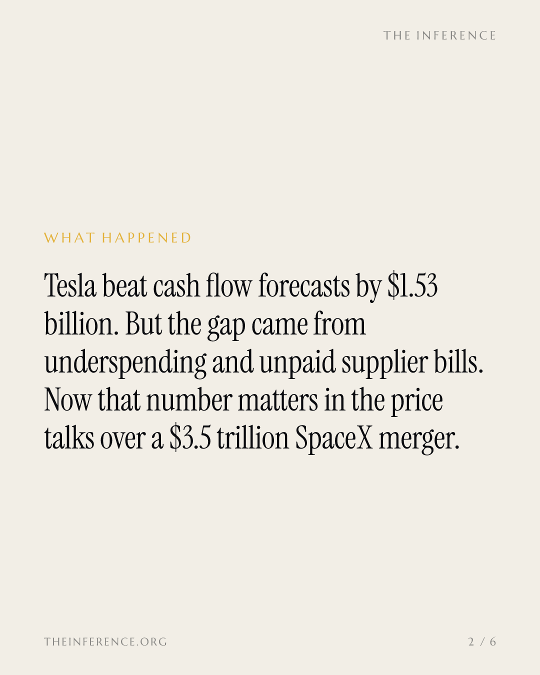 Tesla's $1.53 billion cash beat was unpaid bills, and it lands in the $3.5 trillion SpaceX merger talks — slide 1