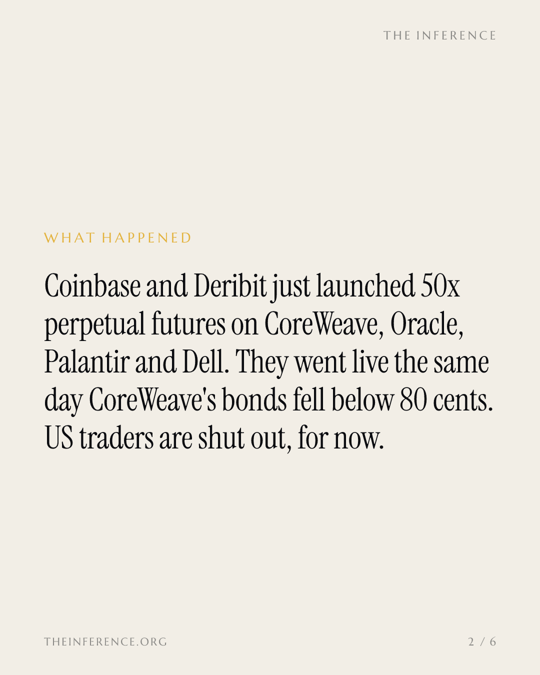 Coinbase and Deribit launch 50x perpetual futures on CoreWeave as its bonds trade below 80 cents — slide 1