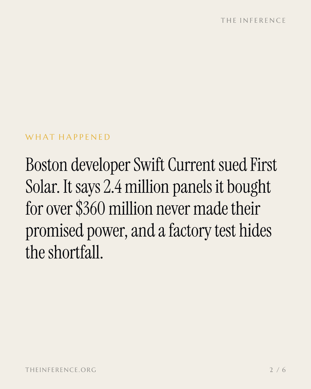 Swift Current's $360 million lawsuit says First Solar's modules never made their promised power — slide 1
