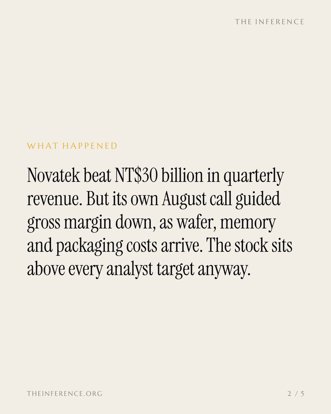 Novatek Microelectronics guides gross margin down to 38.5-41.5% as its stock holds NT$585, above every target — slide 1
