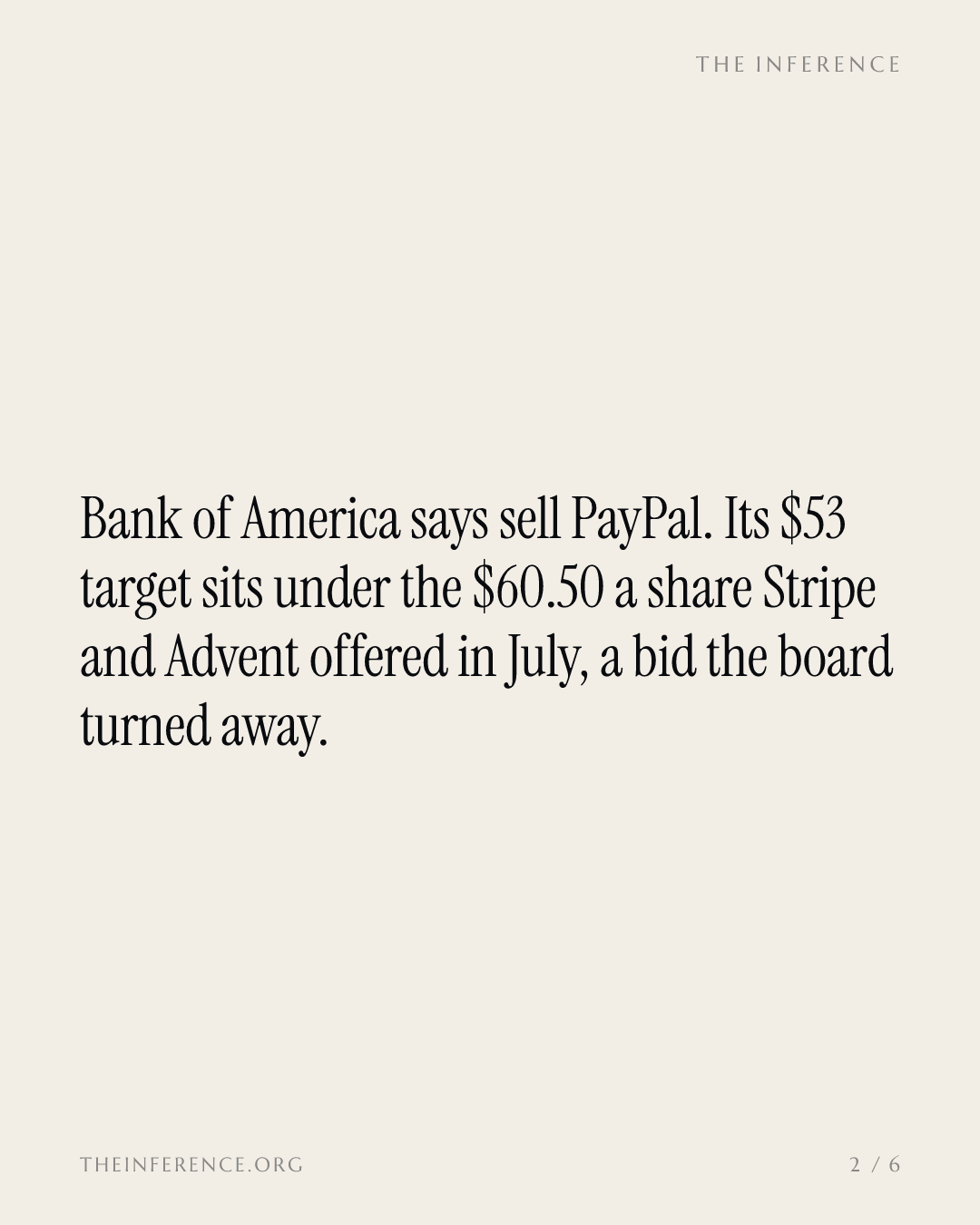 BofA rates PayPal a sell with a $53 target, $7.50 under the $60.50 bid the board turned away — slide 1