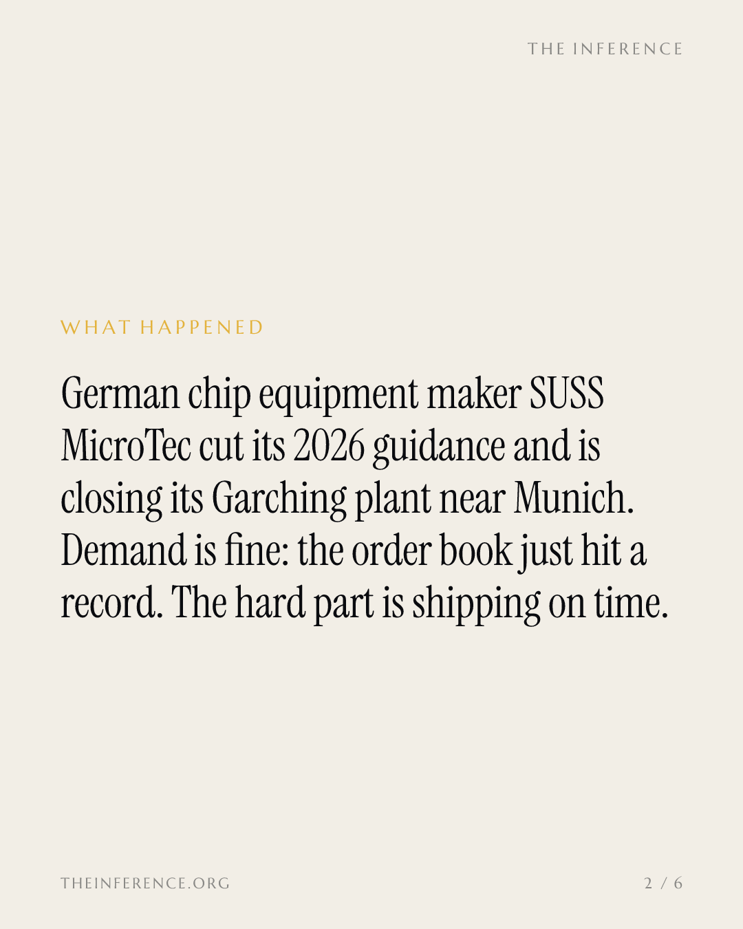 SUSS MicroTec cuts 2026 revenue guidance to €405-425 million, closes its Garching plant and falls 10% — slide 1