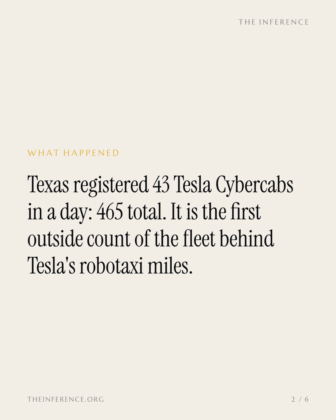 Texas DMV counted 43 Tesla Cybercabs in one day, 465 total, the first check on Tesla's robotaxi miles — slide 1