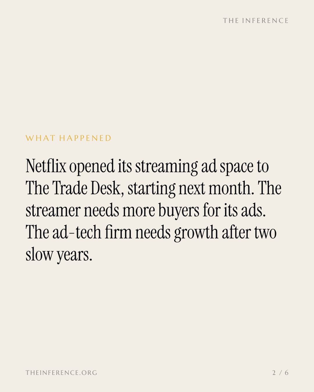 Netflix opens its ad inventory to The Trade Desk, which needs growth above 3% as agencies press fees — slide 1