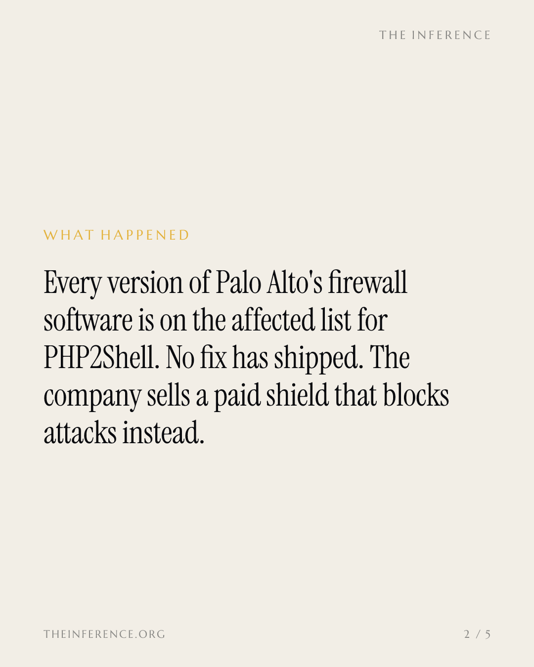 Palo Alto Networks has no PAN-OS fix for PHP2Shell, calls it 9.2 and sells a paid virtual patch — slide 1