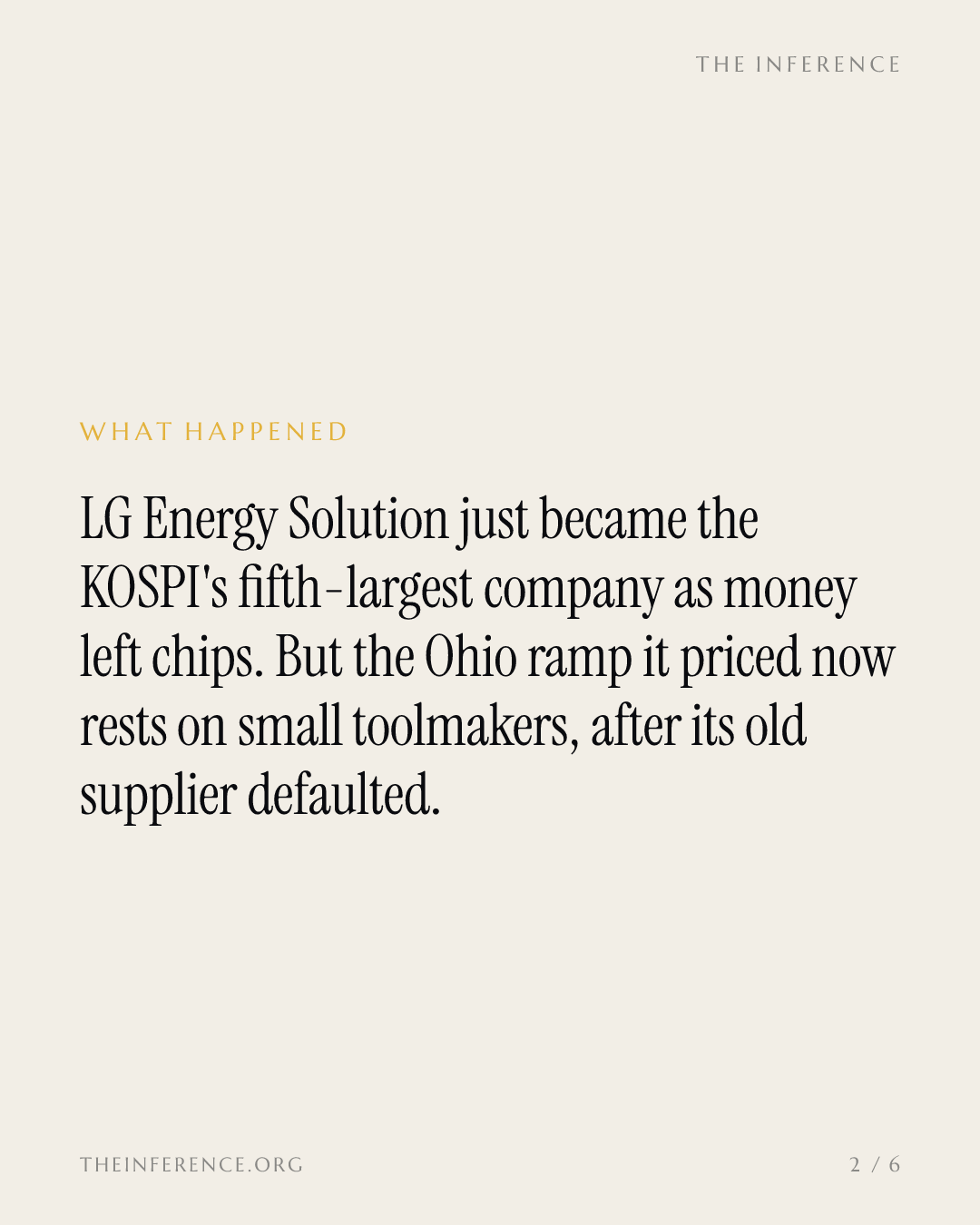 LG Energy Solution is now KOSPI's No. 5 company; its Ohio storage ramp rests on small toolmakers — slide 1