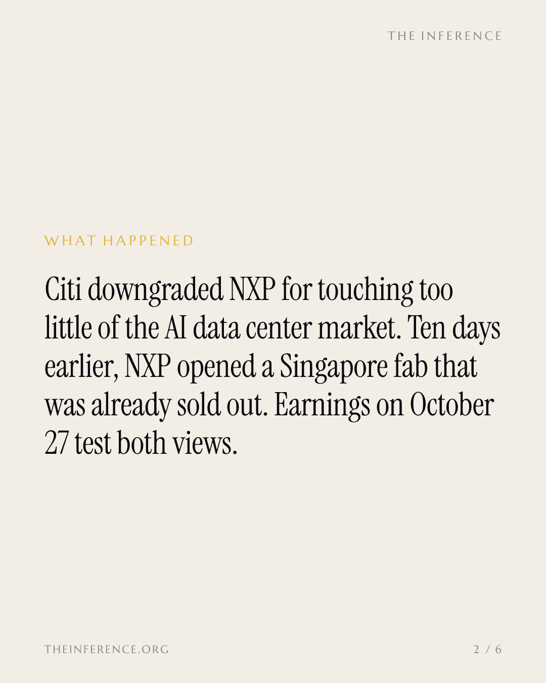 Citi cut NXP for missing the AI data center. Its rebuttal opened 10 days earlier, fully booked — slide 1