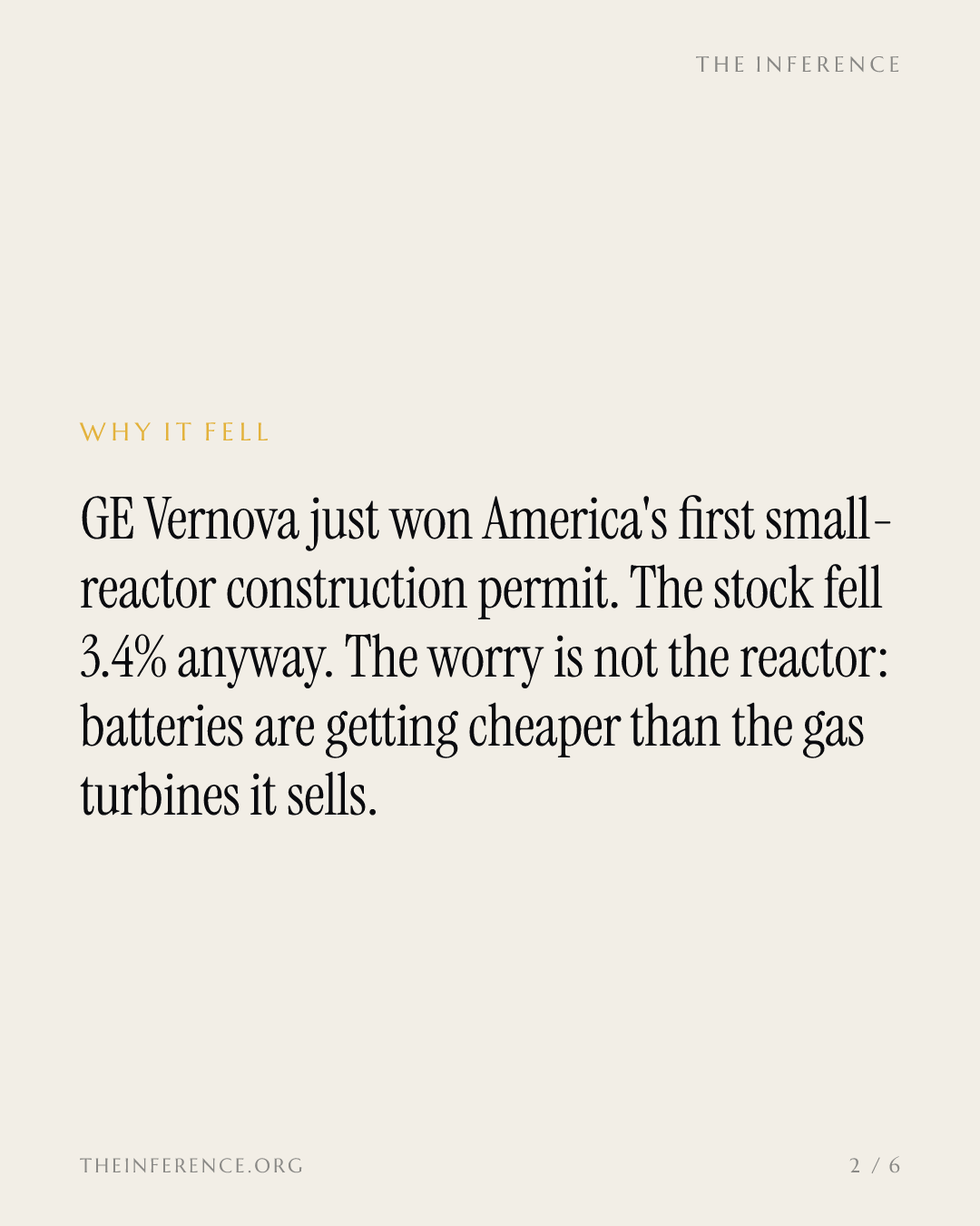 GE Vernova won the first US small-reactor permit and fell 3.4%: batteries are undercutting its gas backlog — slide 1