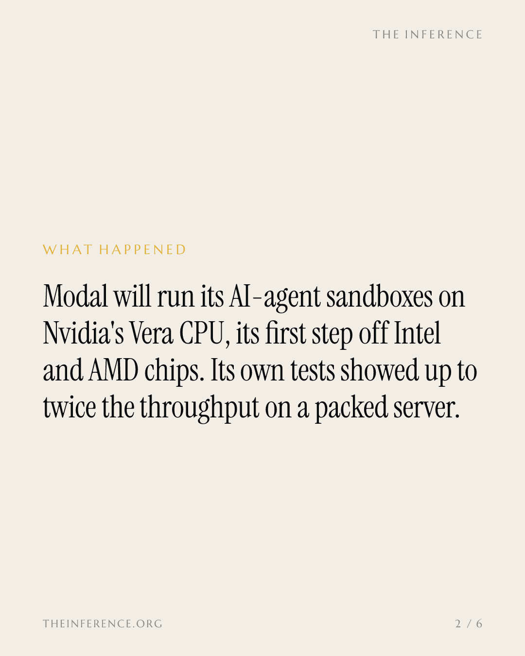 Modal moves $300 million of AI-agent work to Nvidia's Vera CPU after its own tests showed up to 2x throughput — slide 1
