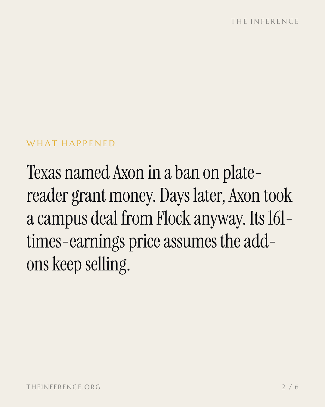 Axon trades at 161 times earnings as it takes Binghamton from Flock; Texas's grant ban names Axon too — slide 1