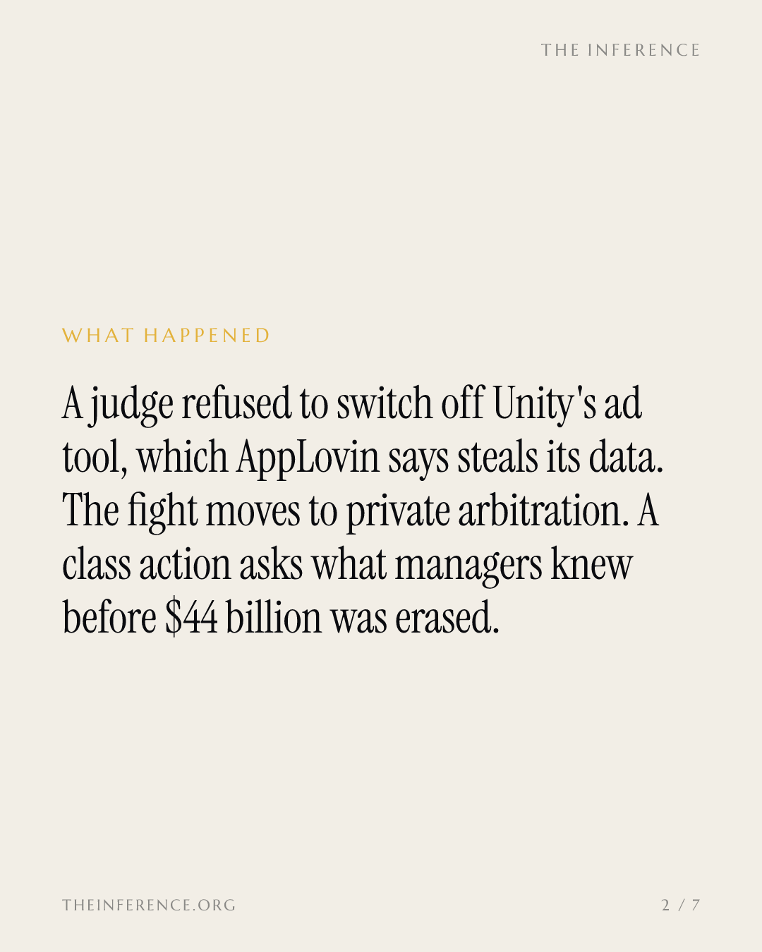 AppLovin failed to switch off Unity's ad tool in court; a class action cites $44 billion of lost value — slide 1