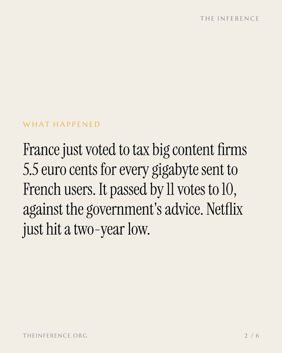 France voted 5.5 euro cents a gigabyte on Netflix, Google and Meta, and one word decides which cap applies — slide 1