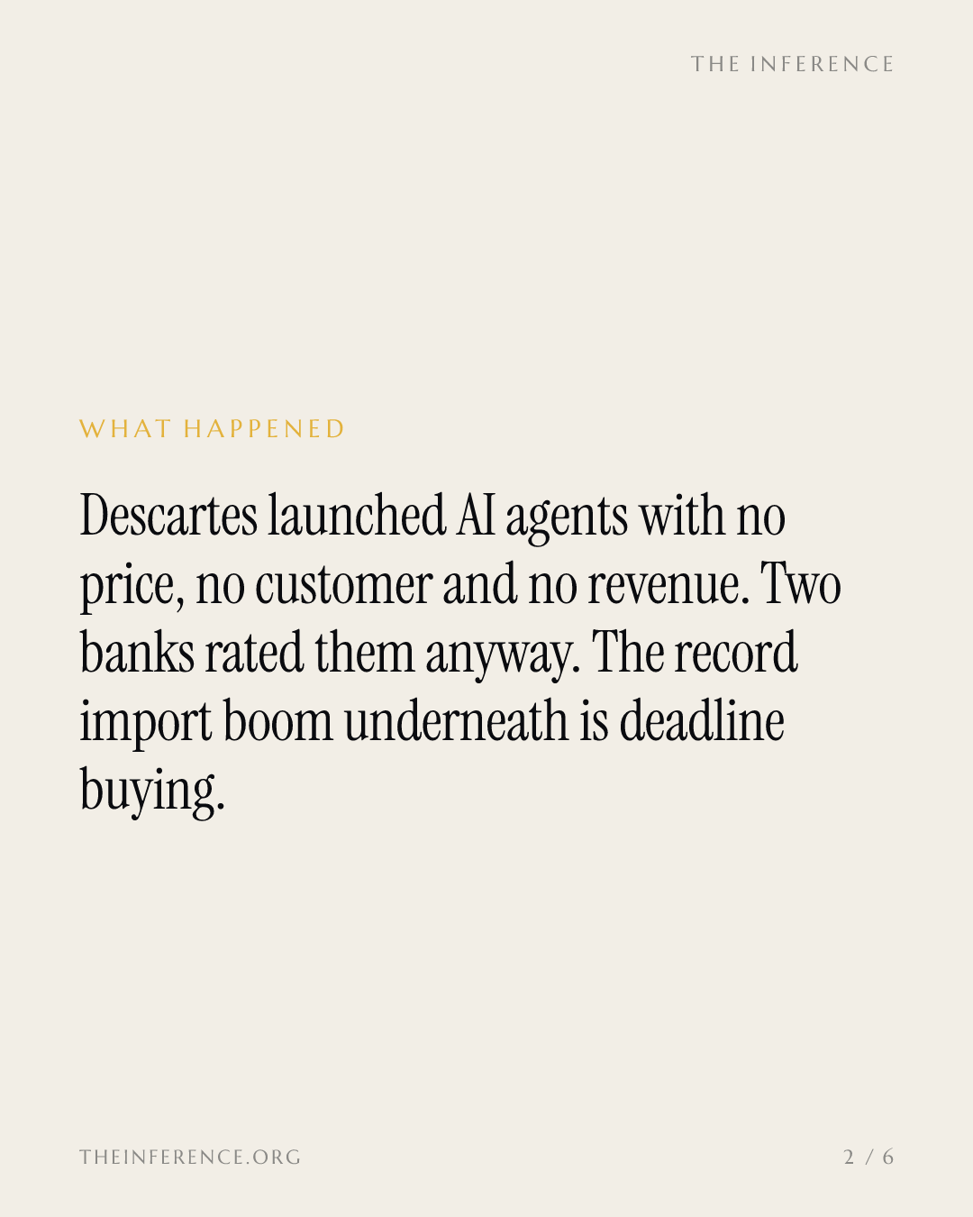 Descartes Systems' AI agents have no price; RBC and Loop Capital rated them anyway as the import boom crests — slide 1