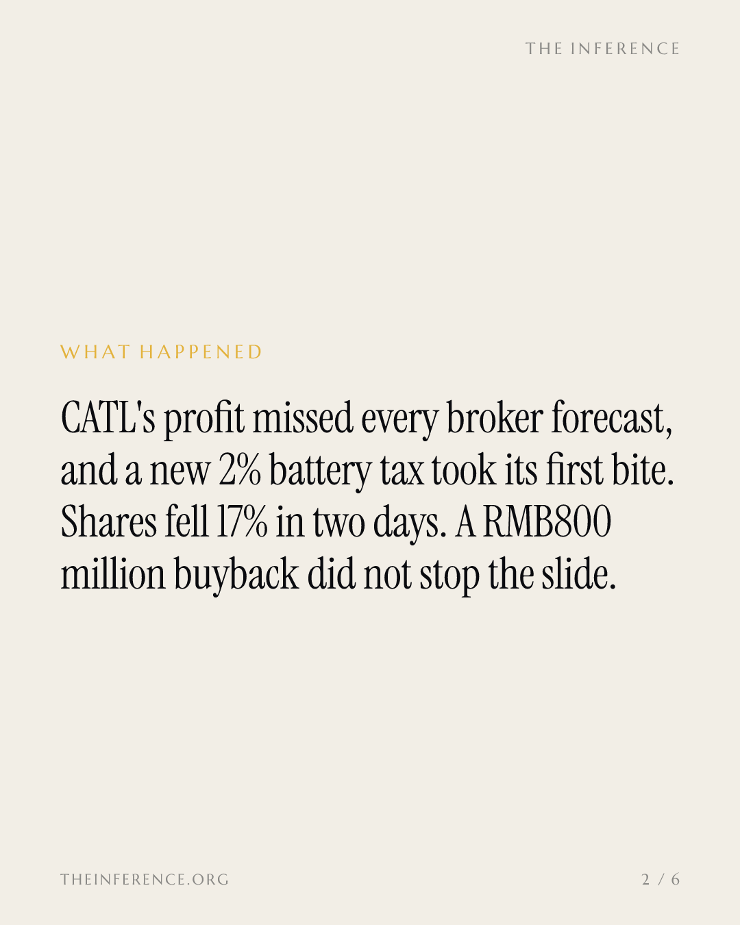 CATL bought back RMB800 million as shares fell 11.41%; a 2% battery tax lifts its tax bill to RMB2.21 billion — slide 1