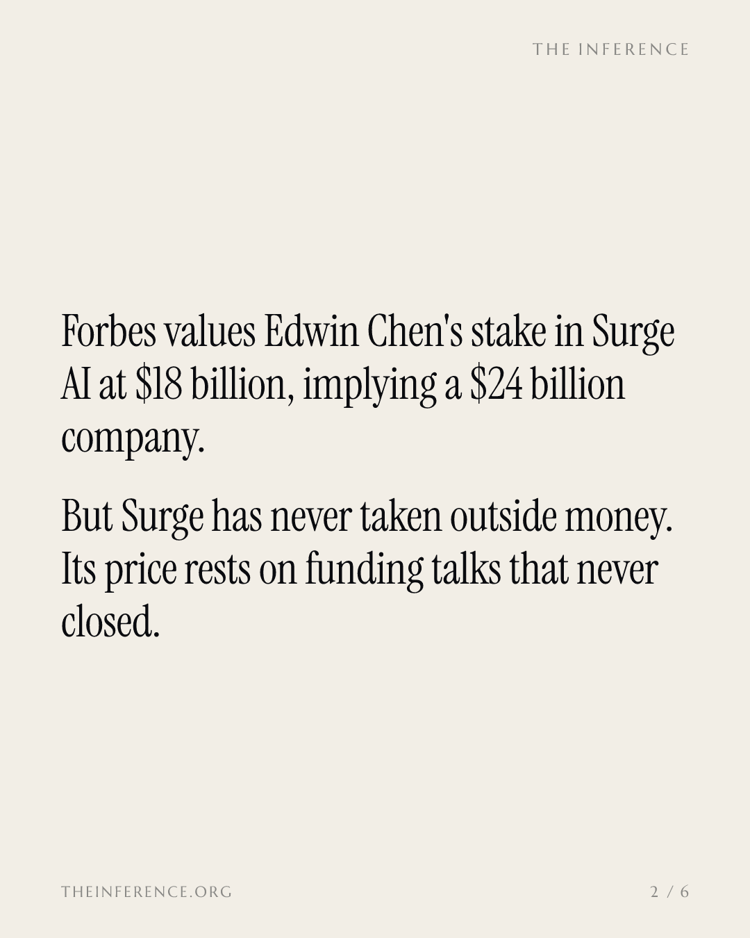 Forbes says Edwin Chen is worth $18 billion. No one has ever priced Surge AI. — slide 1
