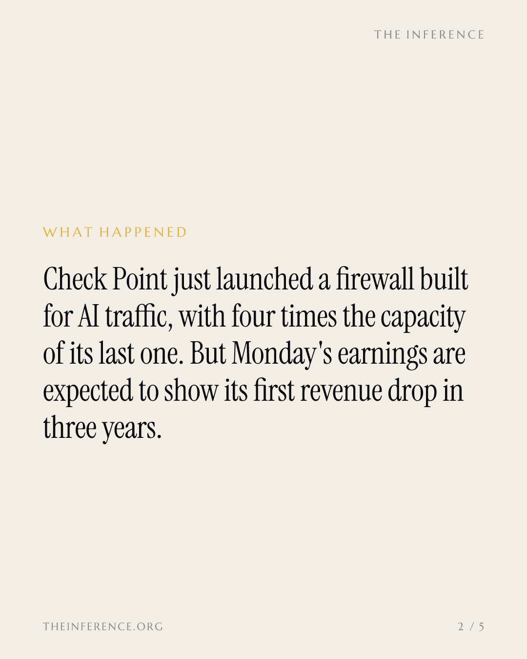 Check Point launches a 12.8-terabit AI firewall; Monday's report is seen as its first revenue drop — slide 1