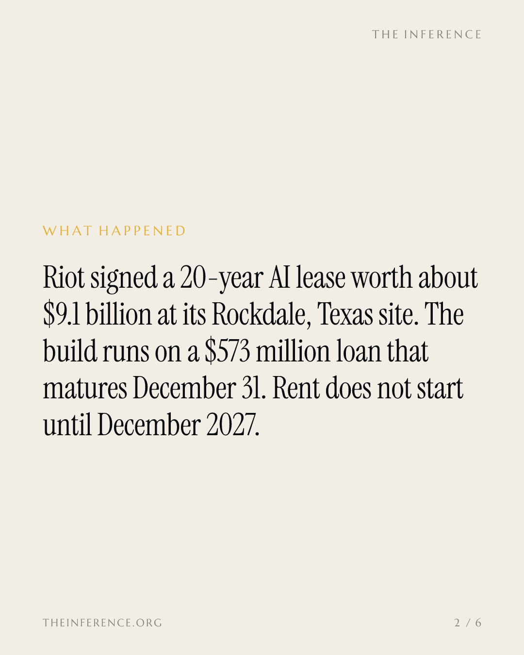 Riot Platforms' $9.1 billion AI lease rests on a bridge loan expiring December 31 — slide 1